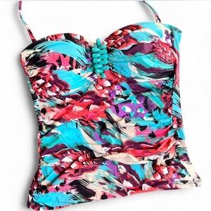 La Blanca Colorful Turquoise Embellished Bandeau Tankini Swim Top Halter Small 4
